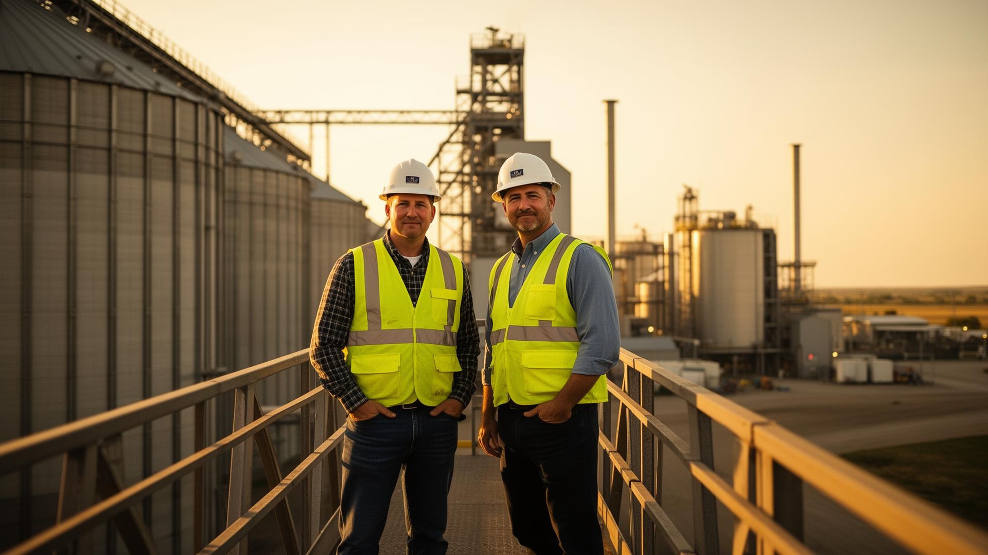 A grain elevator operator and ethanol plant manager at a biorefinery at golden hour