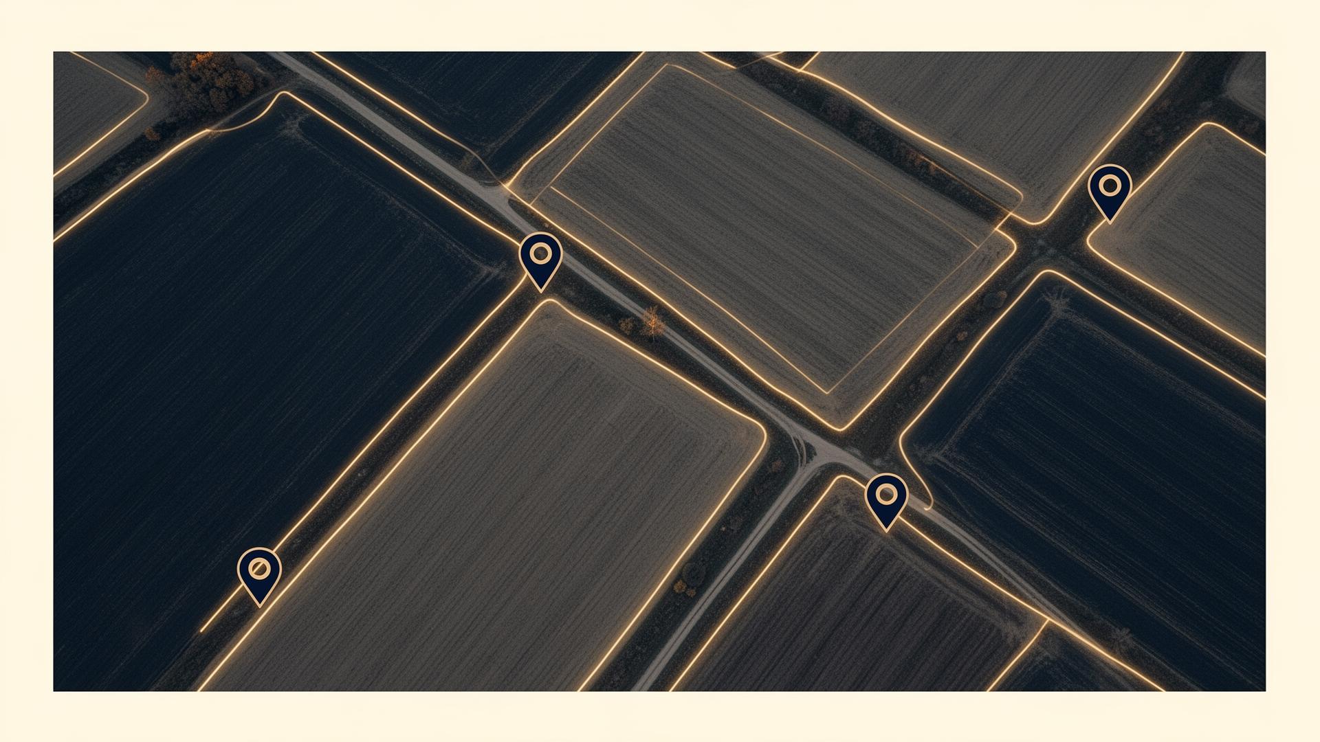 Aerial view of farm fields with digital boundary overlays representing Enriched's field-level traceability